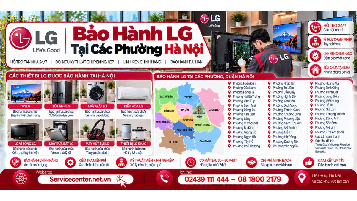 Bảo hành LG tại các phường Hà Nội Website: https://Servicecenter.net.vn
- Hotline: 02439 111 444 – 08 1800 2179