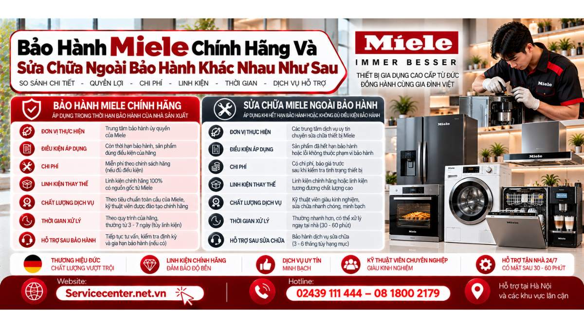 Bảo hành Miele chính hãng và sửa chữa ngoài bảo hành khác nhau như sau Website: https://Servicecenter.net.vn
- Hotline: 02439 111 444 – 08 1800 2179