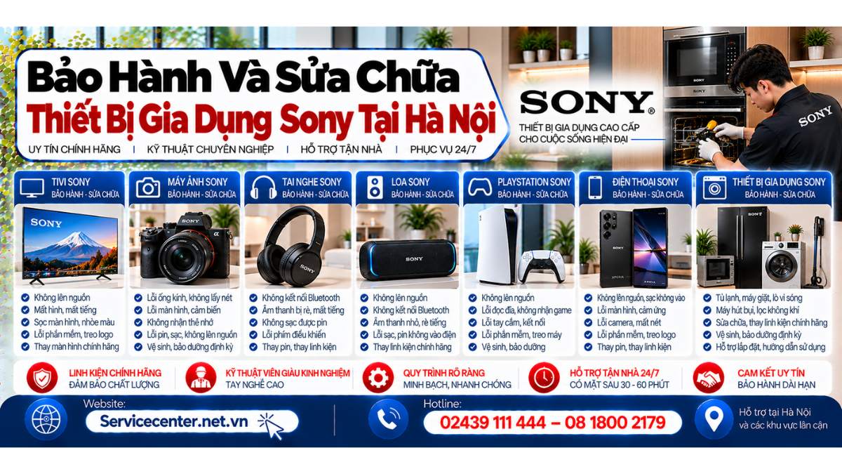 Bảo hành và sửa chữa thiết bị gia dụng Sony tại Hà Nội Website: https://Servicecenter.net.vn
- Hotline: 02439 111 444 – 08 1800 2179