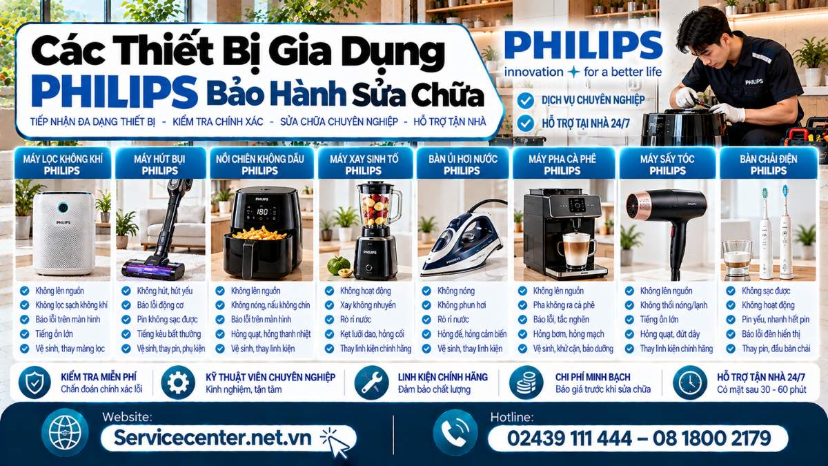 Các Thiết Bị Gia Dụng Philips Bảo Hành Sửa Chữa Website: https://Servicecenter.net.vn
- Hotline: 02439 111 444 – 08 1800 2179