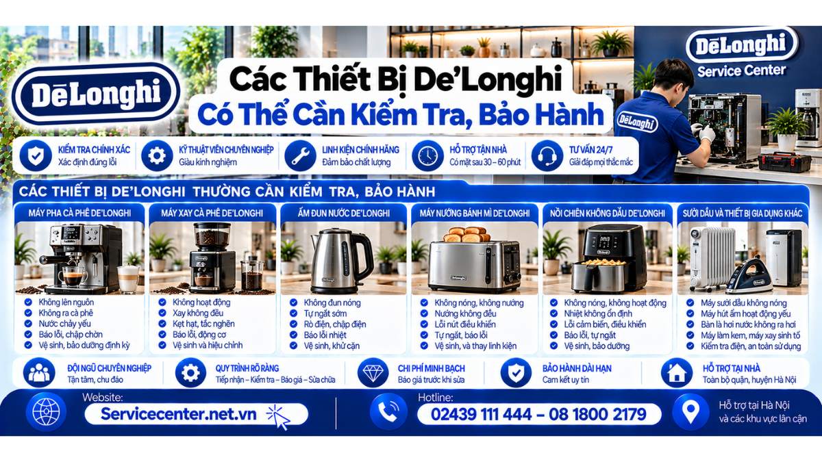 Các thiết bị De’Longhi có thể cần kiểm tra, bảo hành Website: https://Servicecenter.net.vn
- Hotline: 02439 111 444 – 08 1800 2179