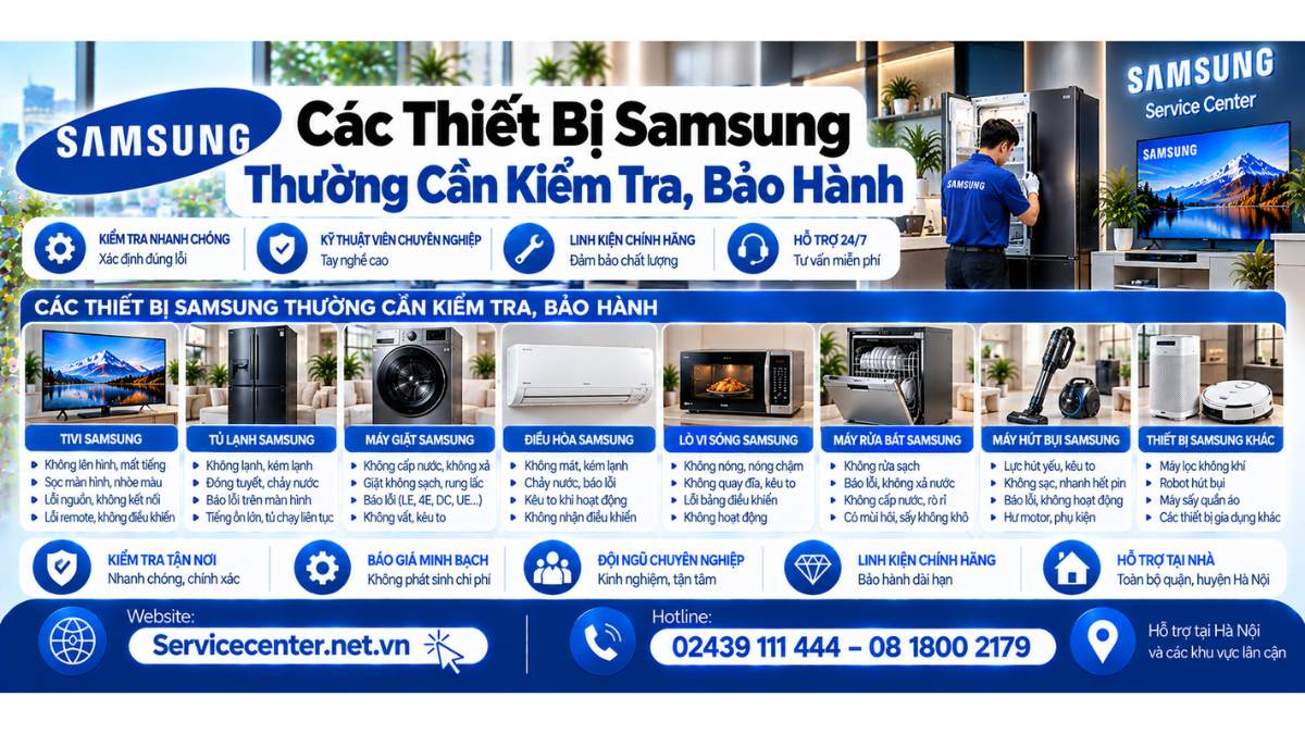 Các thiết bị Samsung thường cần kiểm tra, bảo hành Website: https://Servicecenter.net.vn - Hotline: 02439 111 444 – 08 1800 2179