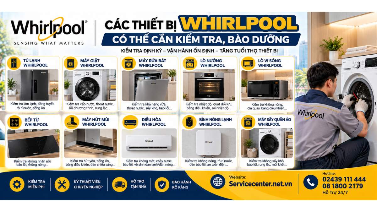 Các thiết bị Whirlpool có thể cần kiểm tra, bảo dưỡng Website: Servicecenter.net.vn   📞 Hotline: 02439 111 444  08 1800 2179 – Hỗ Trợ 24/7