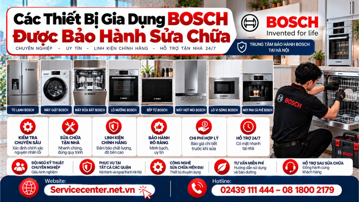 Các thiết bị gia dụng Bosch được bảo hành sửa chữa Website: https://Servicecenter.net.vn
- Hotline: 02439 111 444 – 08 1800 2179