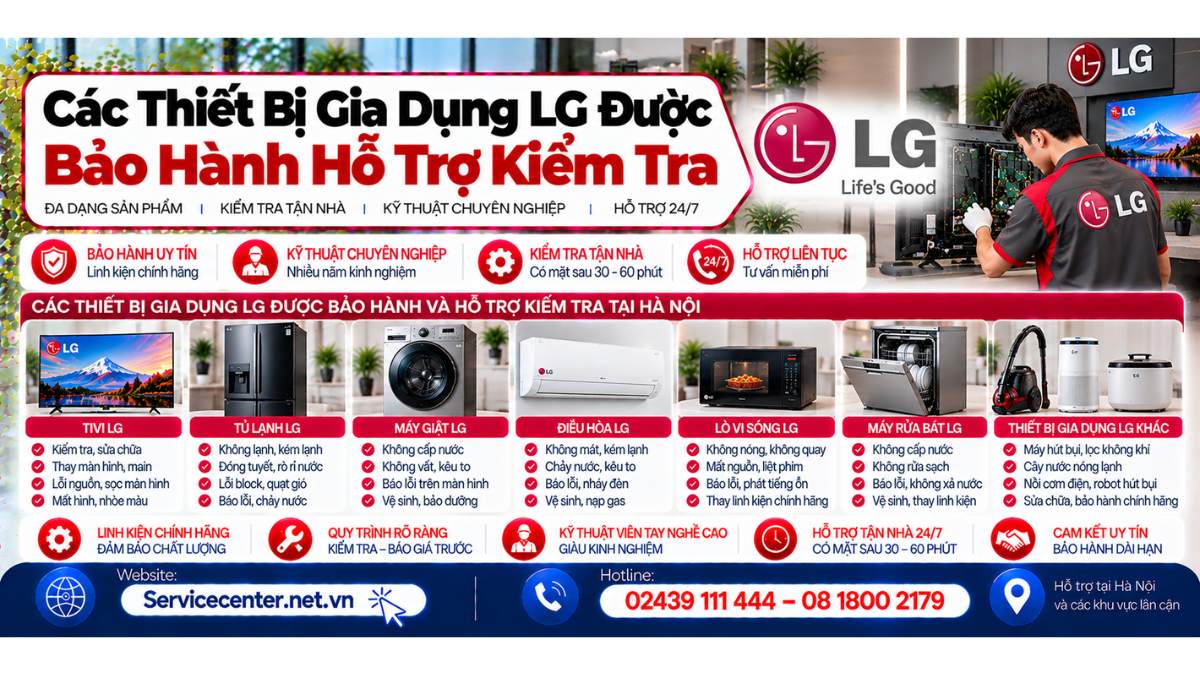 Các thiết bị gia dụng LG được bảo hành hỗ trợ kiểm tra Website: https://Servicecenter.net.vn
- Hotline: 02439 111 444 – 08 1800 2179