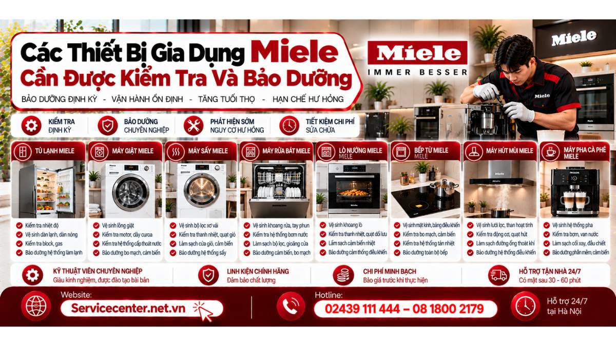 Các thiết bị gia dụng Miele cần được kiểm tra và bảo dưỡng Website: https://Servicecenter.net.vn
- Hotline: 02439 111 444 – 08 1800 2179