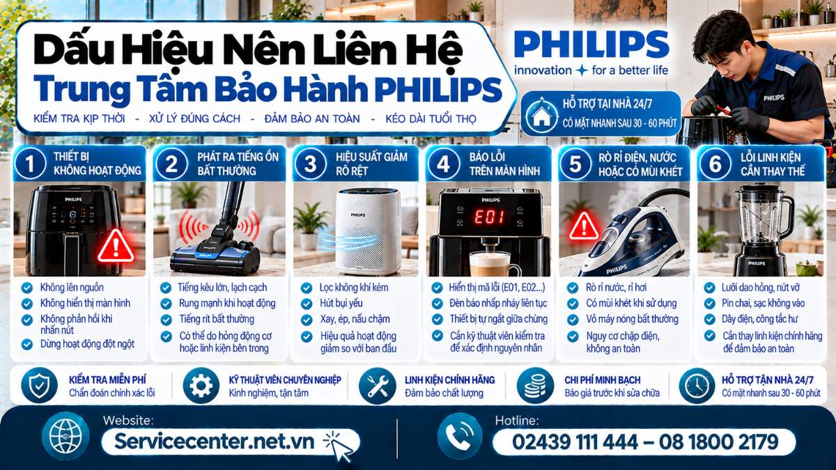Dấu Hiệu Nên Liên Hệ Trung Tâm Bảo Hành Philips Website: https://Servicecenter.net.vn
- Hotline: 02439 111 444 – 08 1800 2179