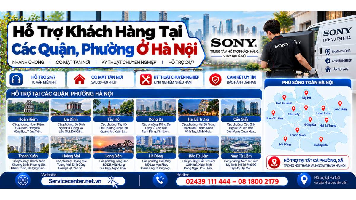 Hỗ trợ khách hàng tại các quận, phường ở Hà Nội Website: https://Servicecenter.net.vn
- Hotline: 02439 111 444 – 08 1800 2179