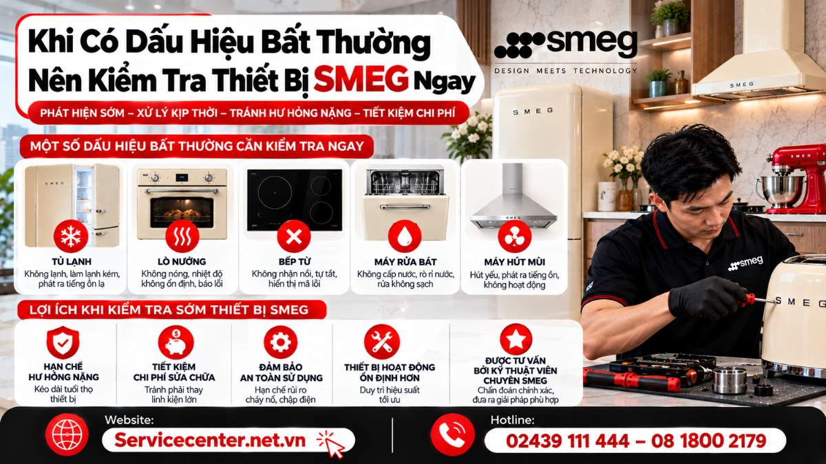 Khi có dấu hiệu bất thường nên kiểm tra thiết bị SMEG ngay Website: https://Servicecenter.net.vn - Hotline: 02439 111 444 – 08 1800 2179