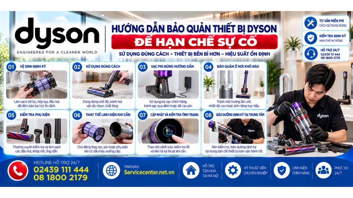 Hướng dẫn bảo quản thiết bị Dyson để hạn chế sự cố Website: Servicecenter.net.vn 📞 Hotline: 02439 111 444 08 1800 2179
