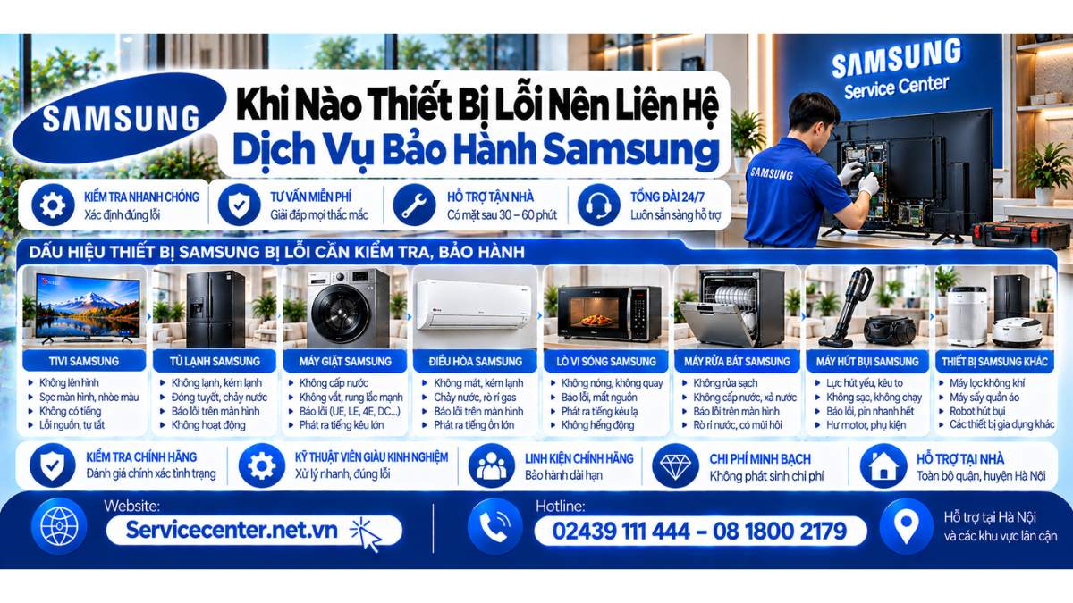 Khi nào thiết bị lỗi nên liên hệ dịch vụ bảo hành Samsung Website: https://Servicecenter.net.vn - Hotline: 02439 111 444 – 08 1800 2179