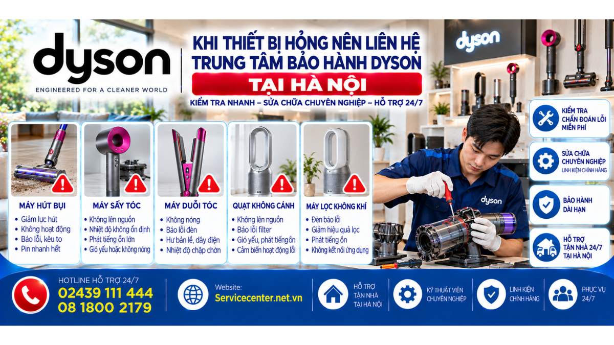 Khi thiết bị hỏng nên liên hệ trung tâm bảo hành Dyson tại Hà Nội Website: Servicecenter.net.vn 📞 Hotline: 02439 111 444 08 1800 2179