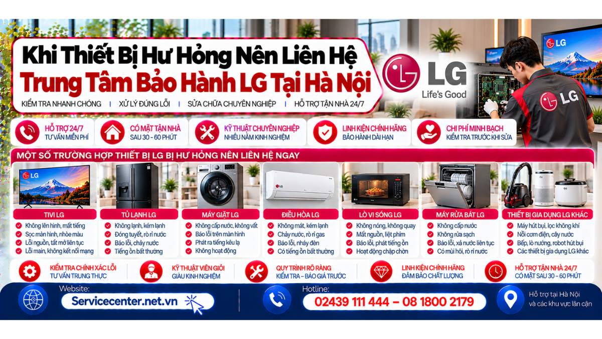 Khi thiết bị hư hỏng nên liên hệ trung tâm bảo hành LG tại Hà Nội Website: https://Servicecenter.net.vn
- Hotline: 02439 111 444 – 08 1800 2179