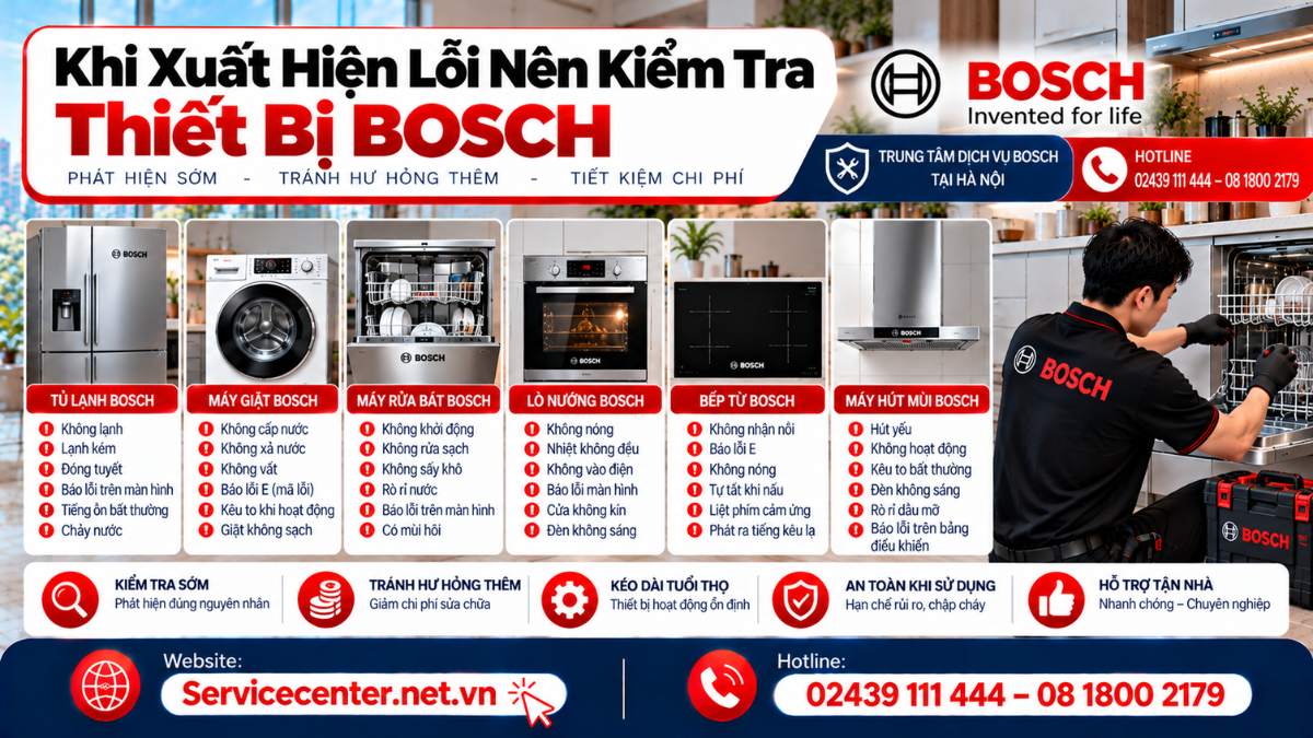 Khi xuất hiện lỗi nên kiểm tra thiết bị Bosch tránh hỏng hóc thêm Website: https://Servicecenter.net.vn
Hotline: 02439 111 444 – 08 1800 2179