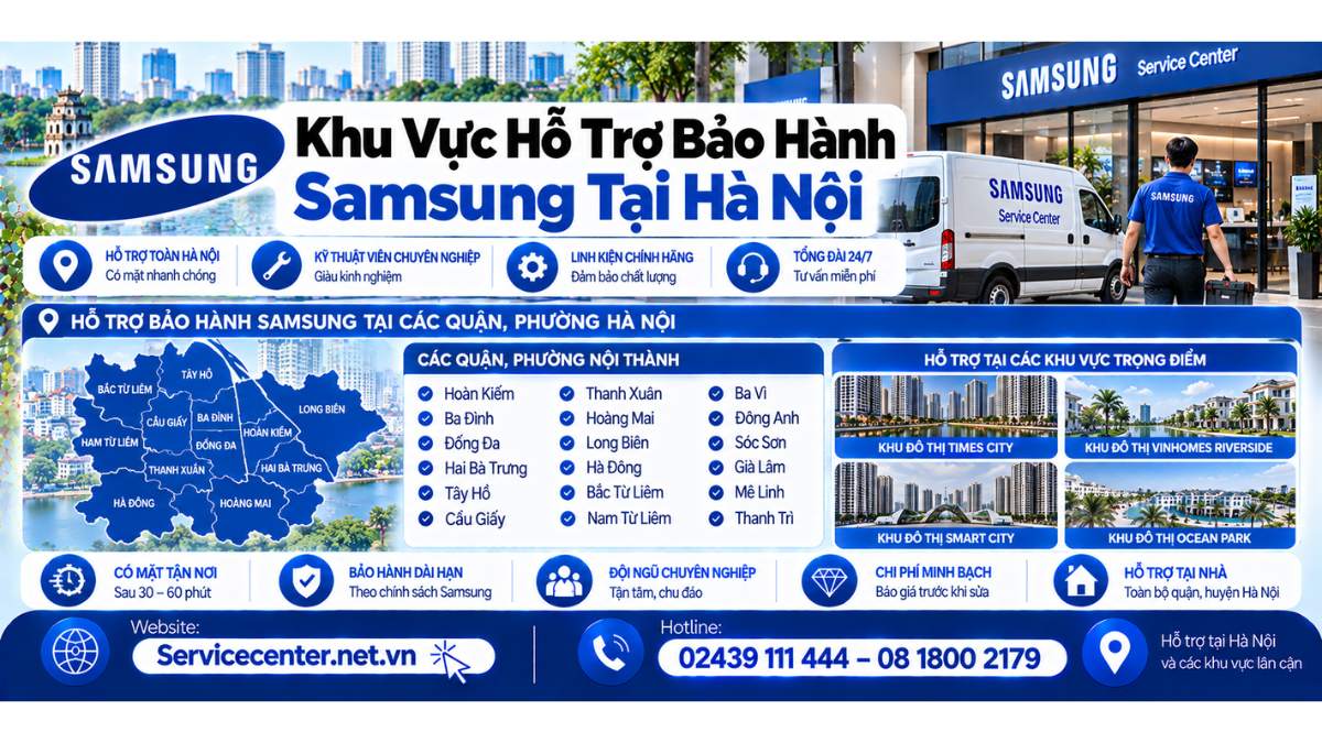 Khu vực hỗ trợ bảo hành Samsung tại Hà Nội Website: https://Servicecenter.net.vn - Hotline: 02439 111 444 – 08 1800 2179