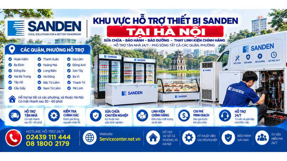 Khu vực hỗ trợ thiết bị Sanden tại Hà Nội Website: Servicecenter.net.vn 📞 Hotline: 02439 111 444 08 1800 2179