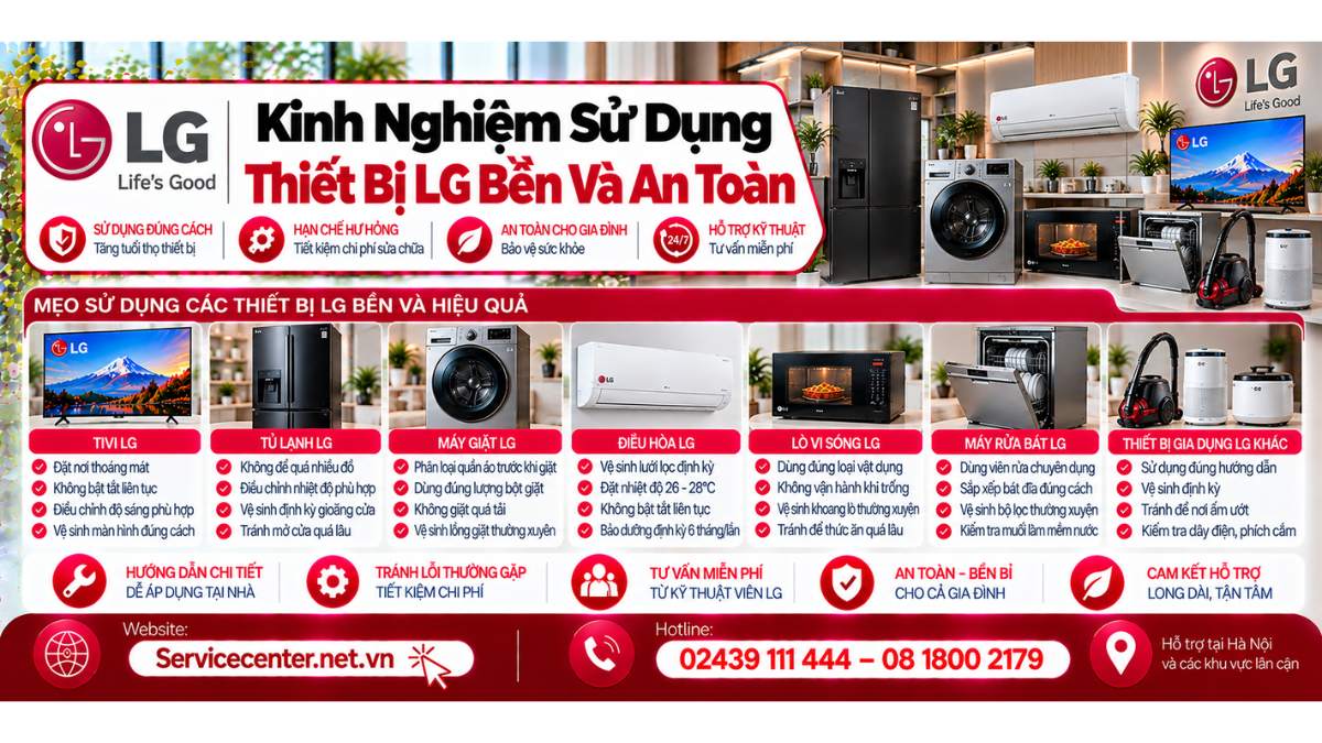 Kinh nghiệm sử dụng thiết bị LG bền và an toàn Website: https://Servicecenter.net.vn
- Hotline: 02439 111 444 – 08 1800 2179