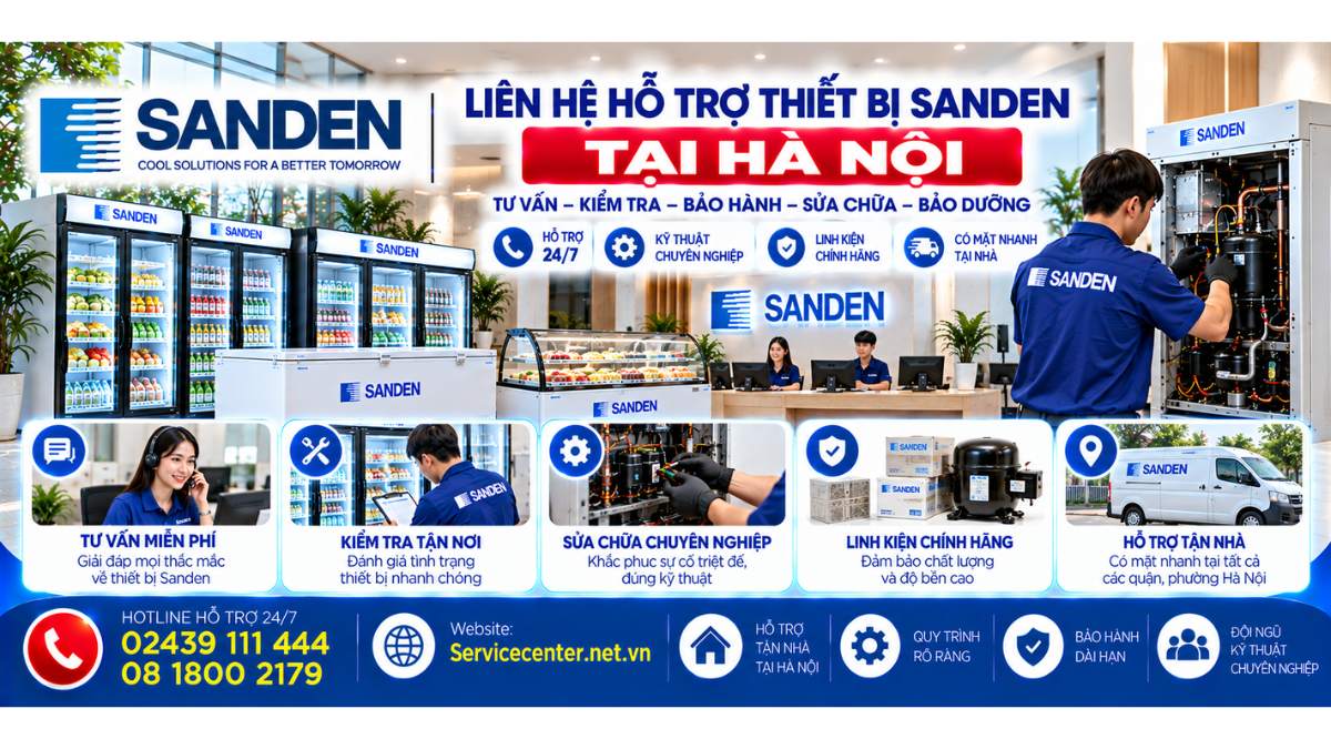 Liên hệ hỗ trợ thiết bị Sanden tại Hà Nội Website: Servicecenter.net.vn 📞 Hotline: 02439 111 444 08 1800 2179