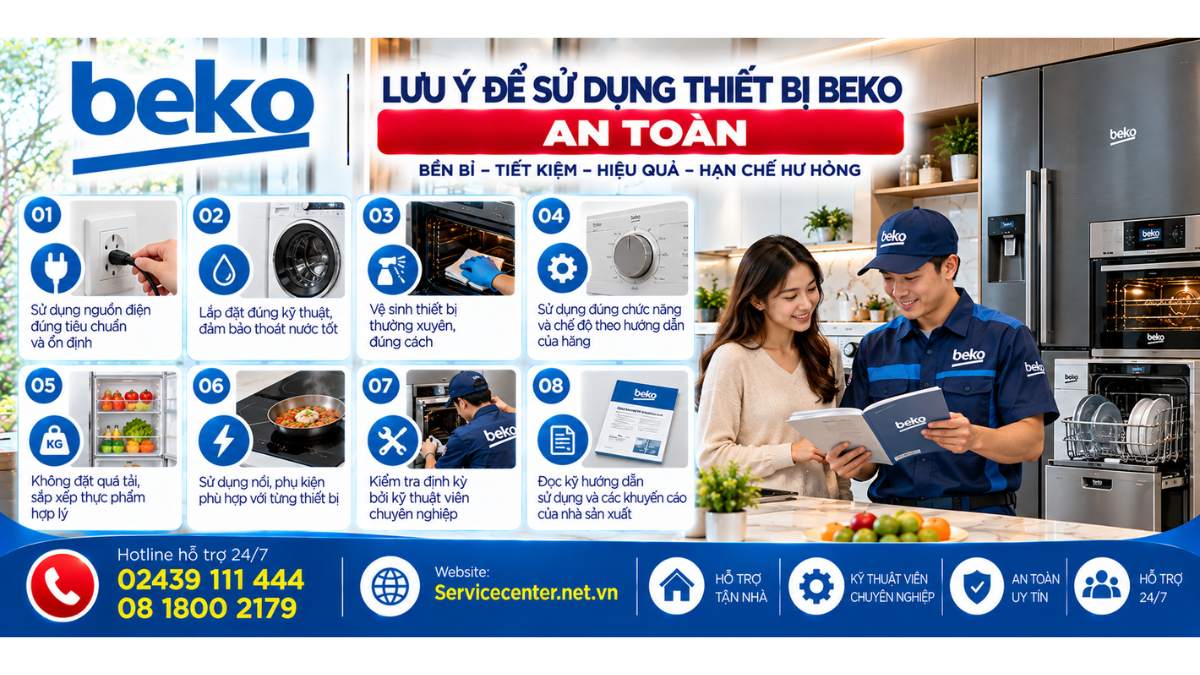 Lưu ý để sử dụng thiết bị Beko an toàn Website: Servicecenter.net.vn 📞 Hotline: 02439 111 444 08 1800 2179