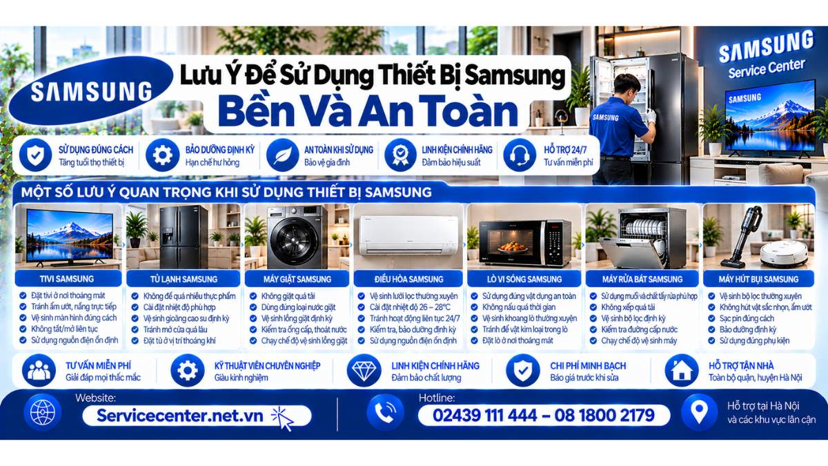 Lưu ý để sử dụng thiết bị Samsung bền và an toàn Website: https://Servicecenter.net.vn - Hotline: 02439 111 444 – 08 1800 2179