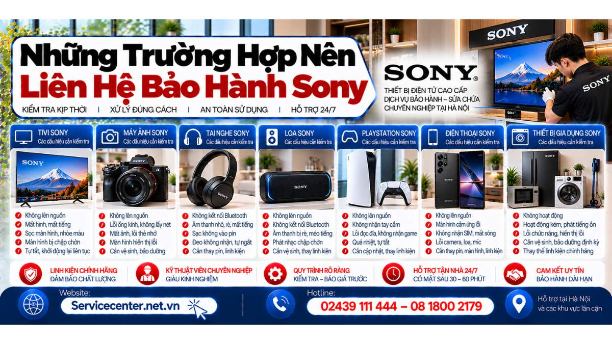 Những trường hợp nên liên hệ trung tâm bảo hành Sony Website: https://Servicecenter.net.vn
- Hotline: 02439 111 444 – 08 1800 2179