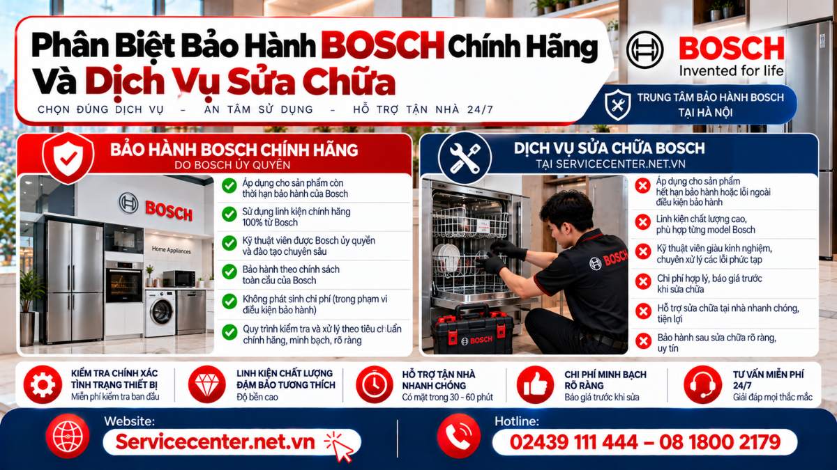 Phân biệt bảo hành Bosch chính hãng và dịch vụ sửa chữa Website: https://Servicecenter.net.vn
- Hotline: 02439 111 444 – 08 1800 2179