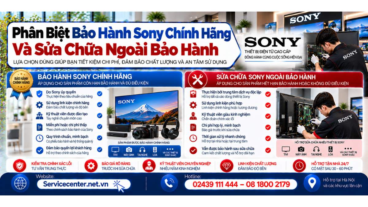 Phân biệt bảo hành Sony chính hãng và sửa chữa ngoài bảo hành Website: https://Servicecenter.net.vn
- Hotline: 02439 111 444 – 08 1800 2179