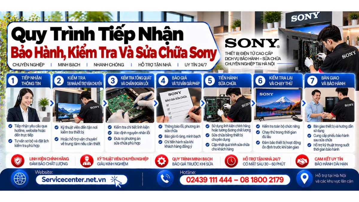 Quy trình tiếp nhận bảo hành, kiểm tra và sửa chữa Sony Website: https://Servicecenter.net.vn
- Hotline: 02439 111 444 – 08 1800 2179