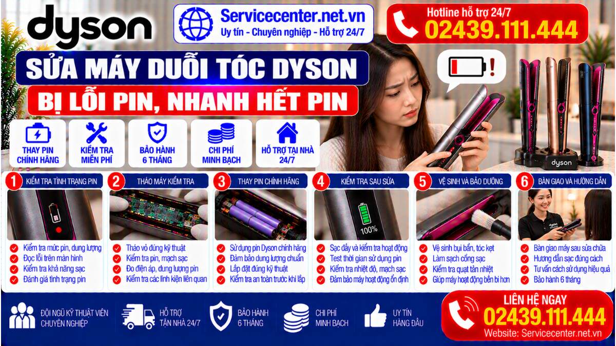 Sửa Máy Duỗi Tóc Dyson Bị Lỗi Pin, Nhanh Hết Pin Website: Servicecenter.net.vn   📞 Hotline: 02439.111.444