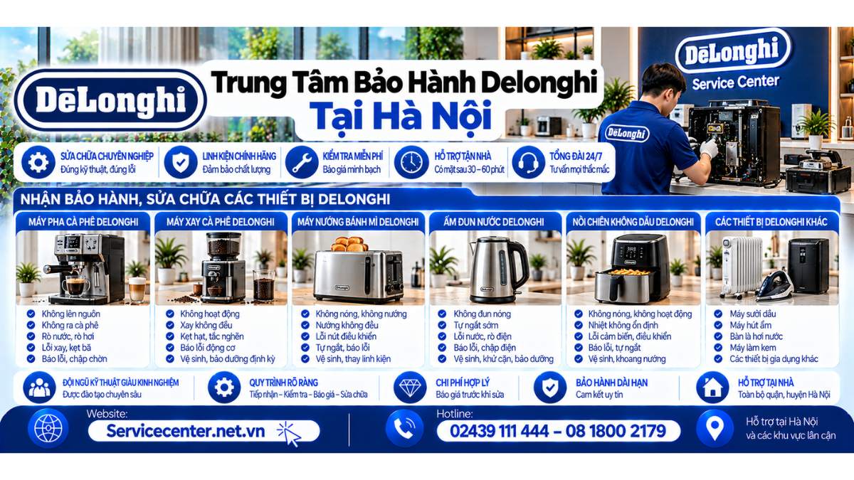Trung Tâm Bảo Hành Delonghi Tại Hà Nội Website: https://Servicecenter.net.vn
- Hotline: 02439 111 444 – 08 1800 2179