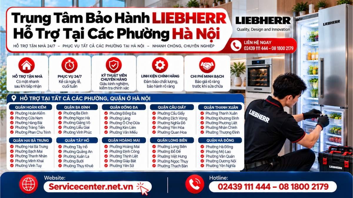 Trung Tâm Bảo Hành Liebherr Hỗ Trợ Tại Các Phường Hà Nội Website: https://Servicecenter.net.vn
- Hotline: 02439 111 444 – 08 1800 2179