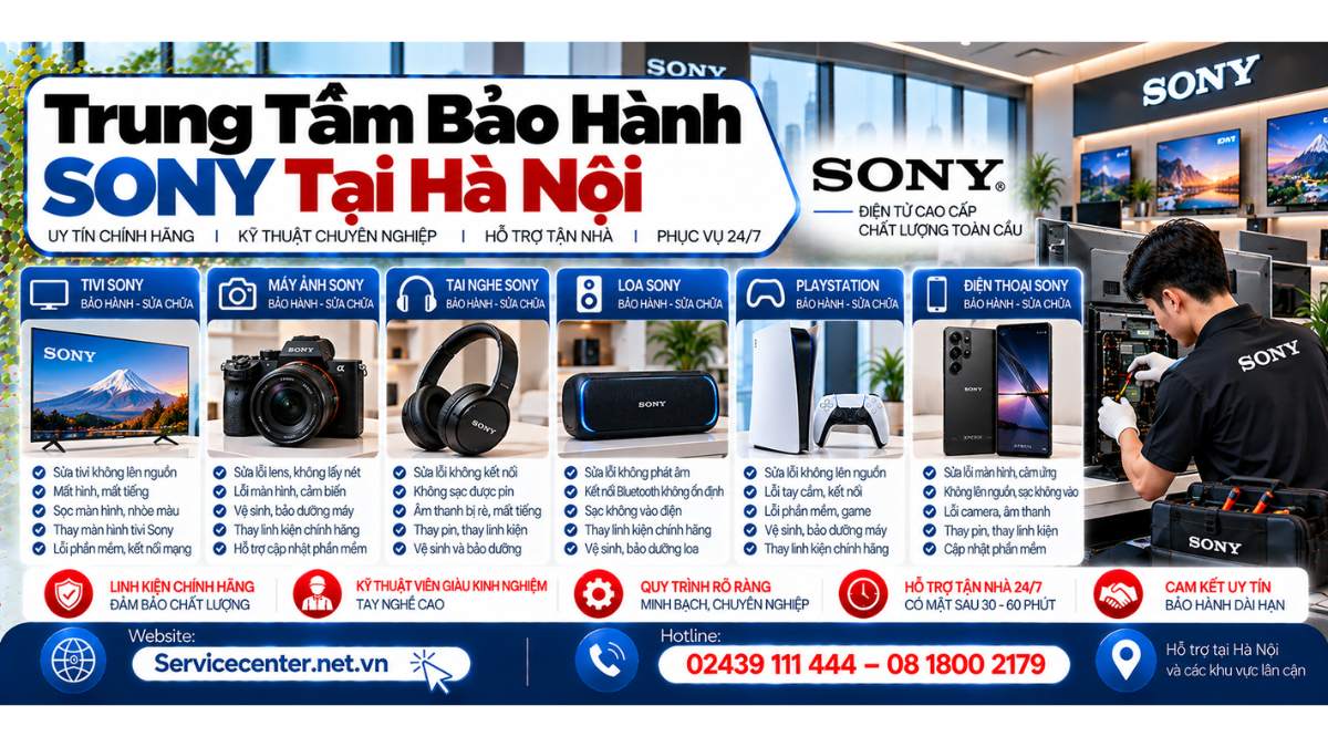 Trung Tâm Bảo Hành Sony Tại Hà Nội Website: https://Servicecenter.net.vn
- Hotline: 02439 111 444 – 08 1800 2179
