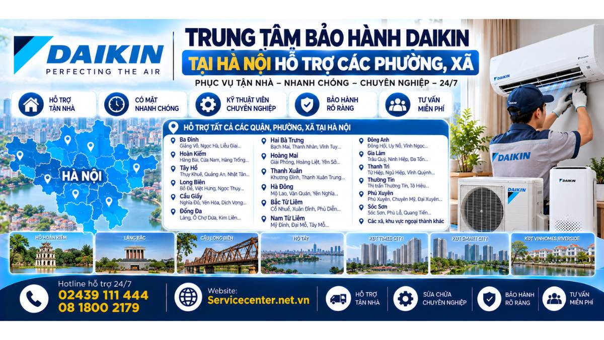 Trung tâm bảo hành Daikin tại Hà Nội hỗ trợ các phường, xã Website: Servicecenter.net.vn   📞 Hotline: 02439 111 444  08 1800 2179