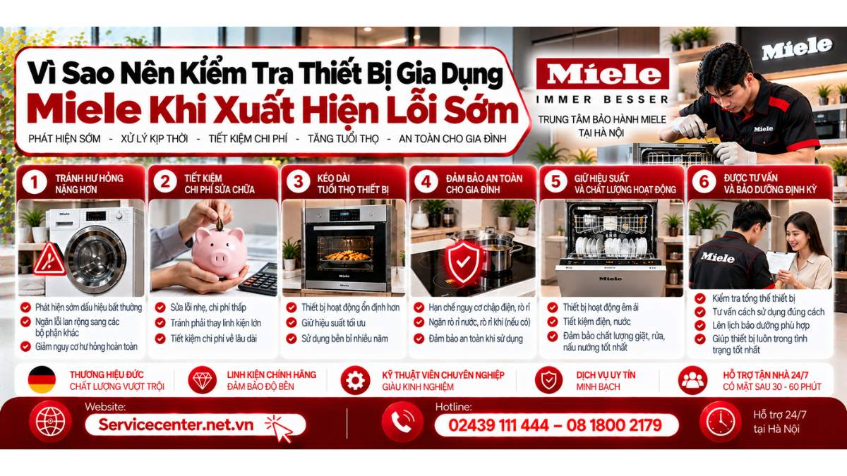 Vì sao nên kiểm tra thiết bị gia dụng Miele khi xuất hiện lỗi sớm Website: https://Servicecenter.net.vn
- Hotline: 02439 111 444 – 08 1800 2179